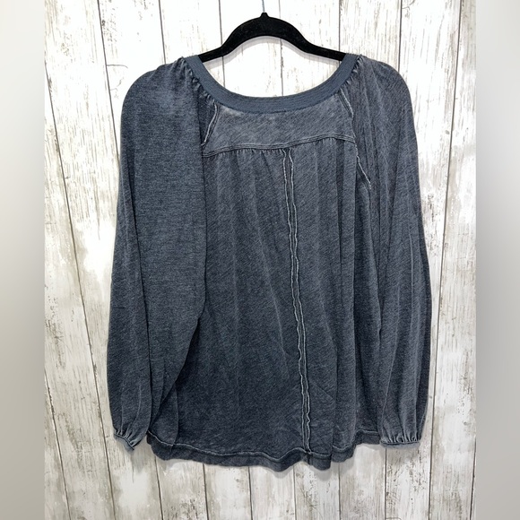 We The Free Puff Sleeve Acid Wash Blouse Button V Neck Medium Oversized Gray - Picture 2 of 10